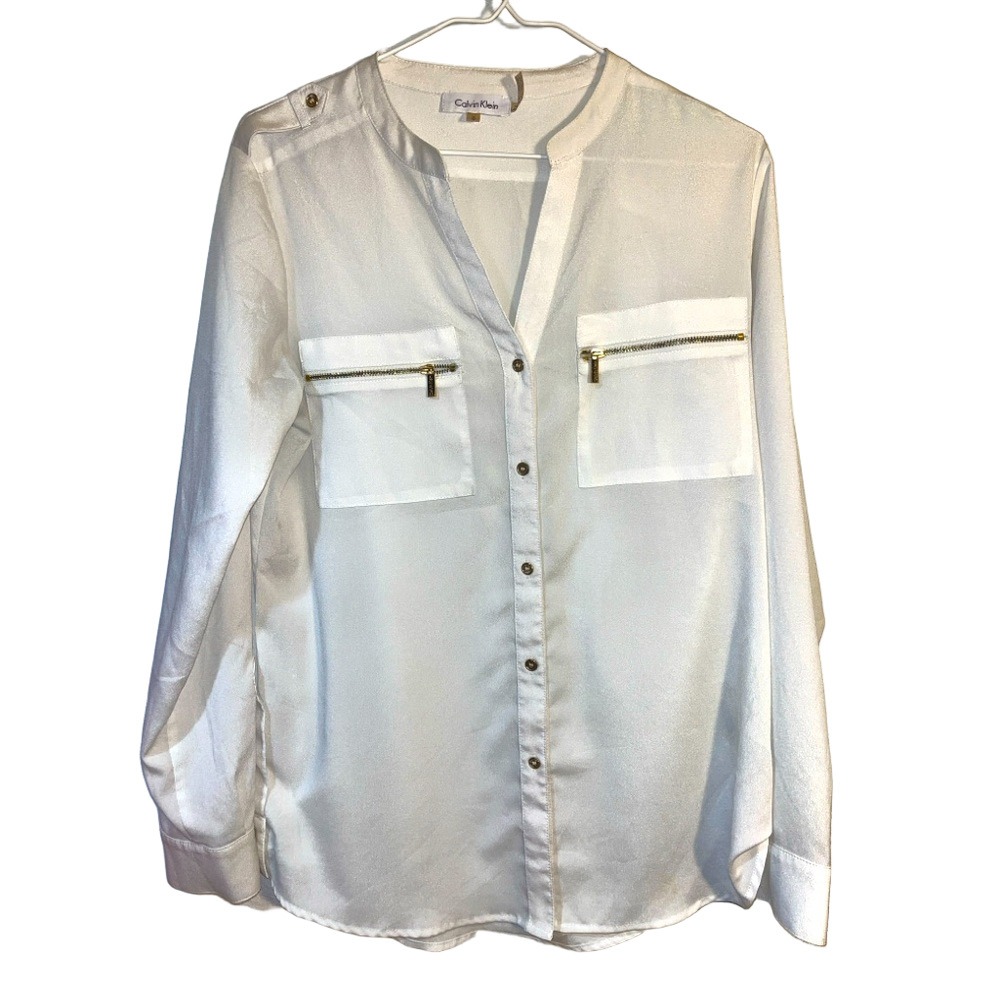 Calvin Klein White Button Down Shirt Blouse S Classic Minimalist Business Casual